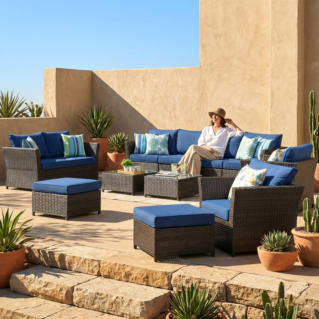 Nura Outdoor Garden Balcony Sofa Set  4 Seater, 2 seater,  2 Single Seater with 2 ottoman and 2 Center Table Set (Brown)