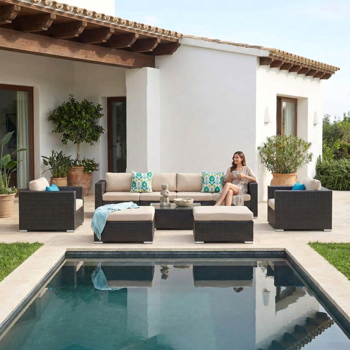 Mimi Outdoor Garden Balcony Sofa Set  3 Seater , 2 Seater ,2 Single Seater and 1 Center Table With 1 Side Table and 1 Ottoman Set (Brown)