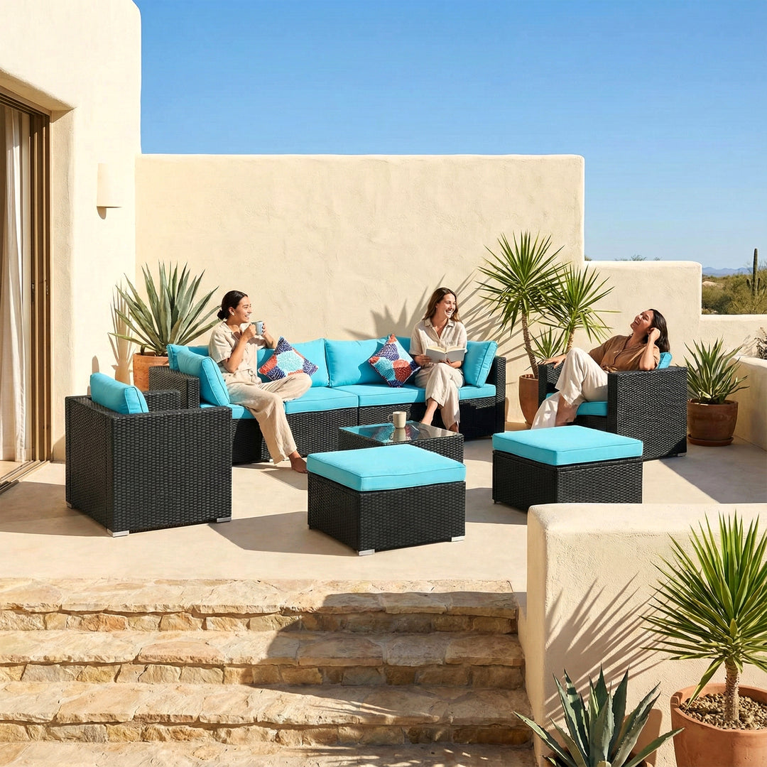 Elesta Outdoor Garden Balcony Sofa Set  4 Seater, 2 Single Seater with 2 ottoman and 1 Center Table Set (Black)