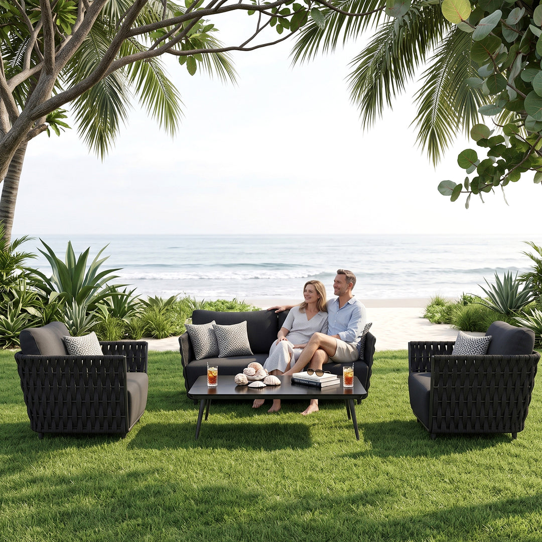 Vanyr Outdoor Garden Balcony Sofa Set 2 Seater , 2 Single Seater 1 Center Table Set (Black) Braided and Rope