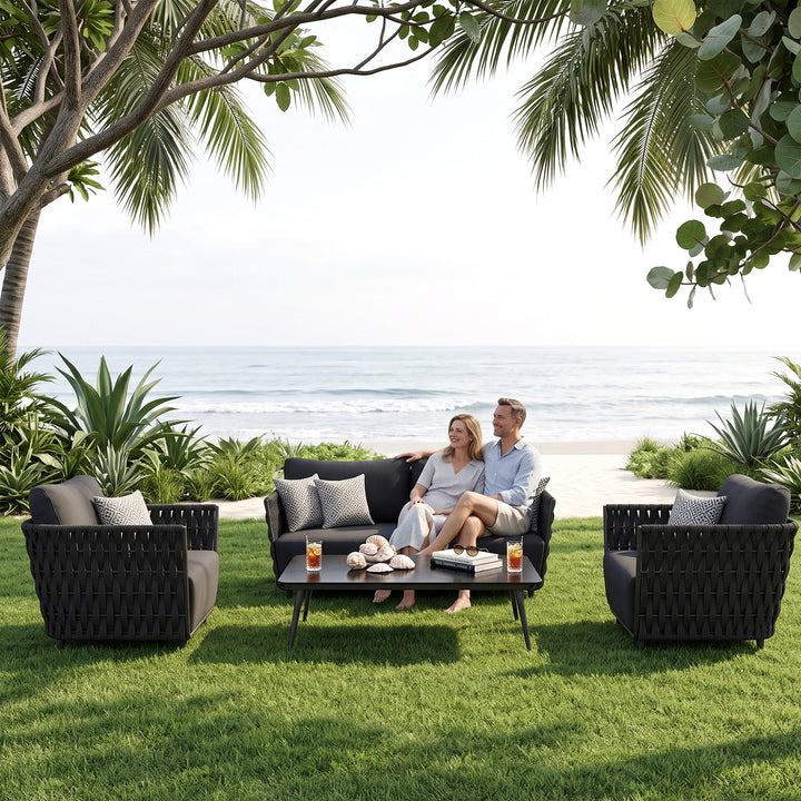 Vanyr Outdoor Garden Balcony Sofa Set 2 Seater , 2 Single Seater 1 Center Table Set (Black) Braided and Rope