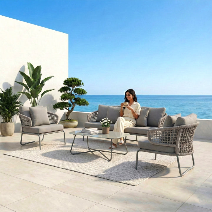 Velory Outdoor Sofa Set 3 Seater , 2 Single seater and 1 Center Table Set Braided & Rope