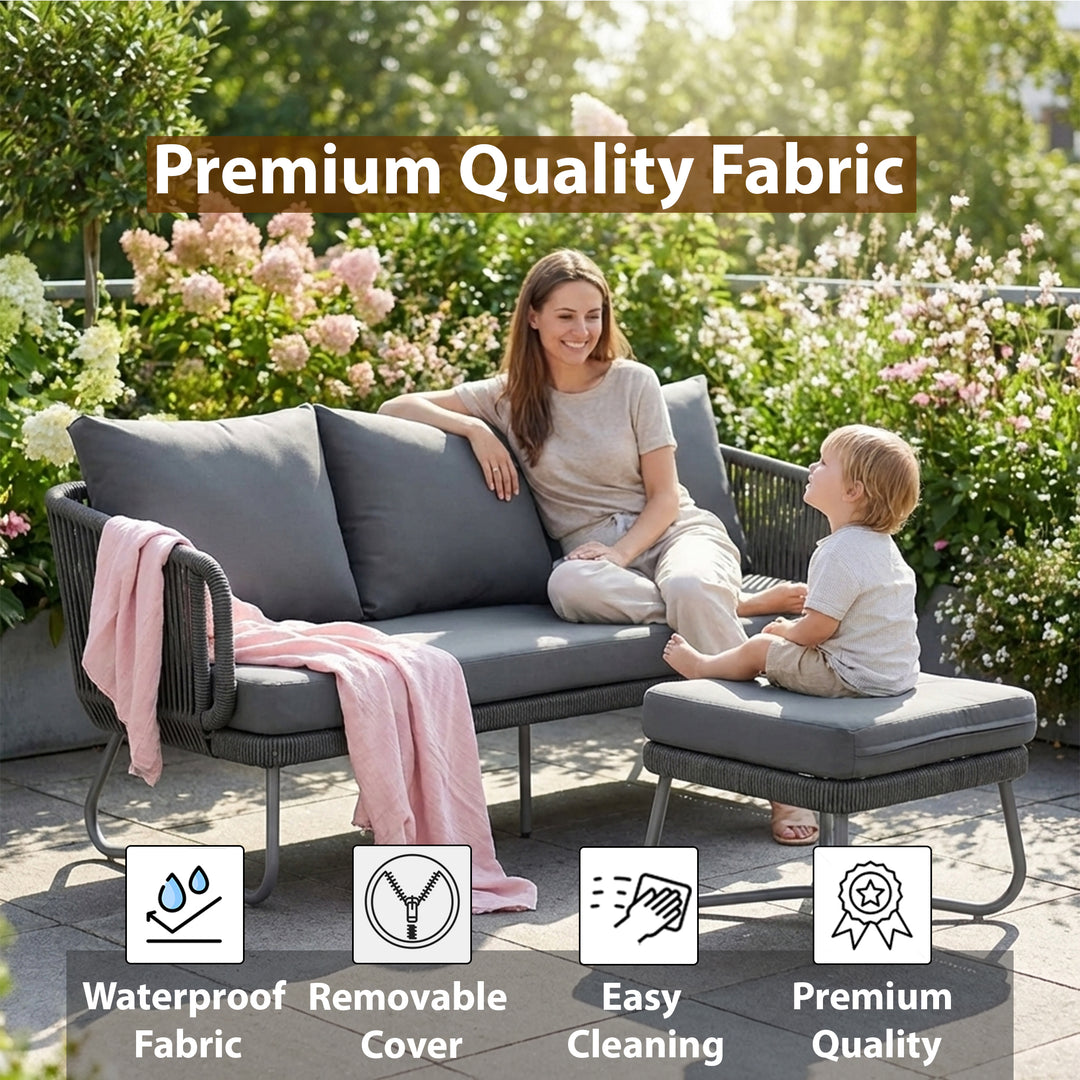 Castolo Outdoor Garden Balcony Sofa Set 3 Seater, 2 Single Seater 1 Ottoman and 1 Center Table Set Braid & Rope (Grey)