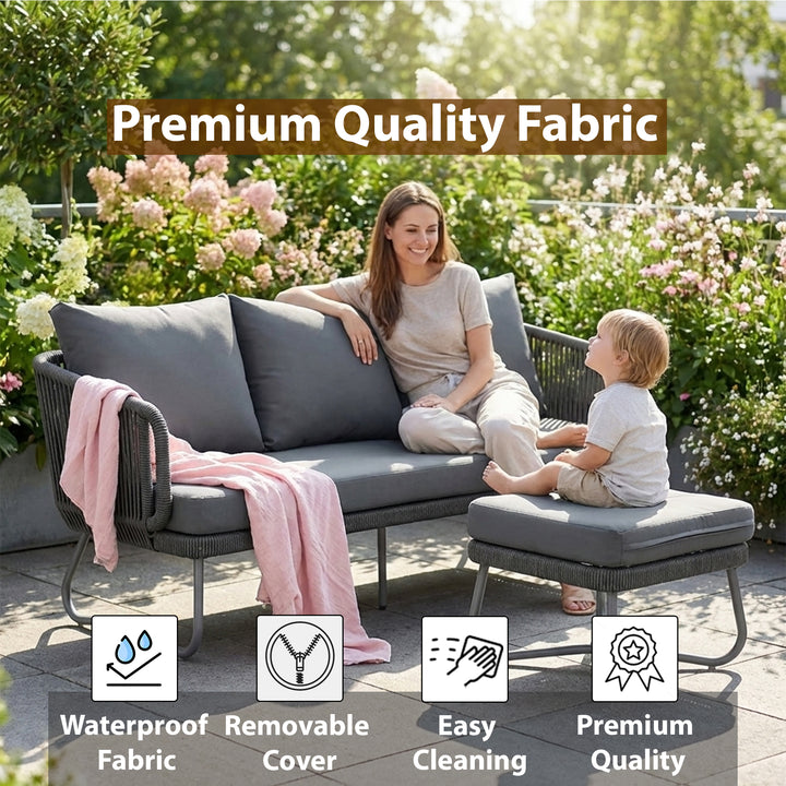 Castolo Outdoor Garden Balcony Sofa Set 3 Seater, 2 Single Seater 1 Ottoman and 1 Center Table Set Braid & Rope (Grey)