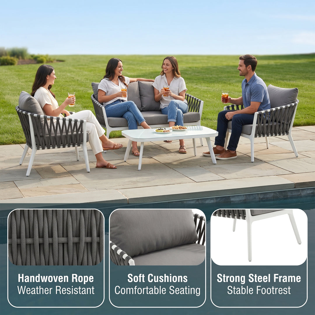 Mazzanti Outdoor Sofa Set 2 Seater , 2 Single seater and 1 Center Table (White + Brown) Braided & Rope