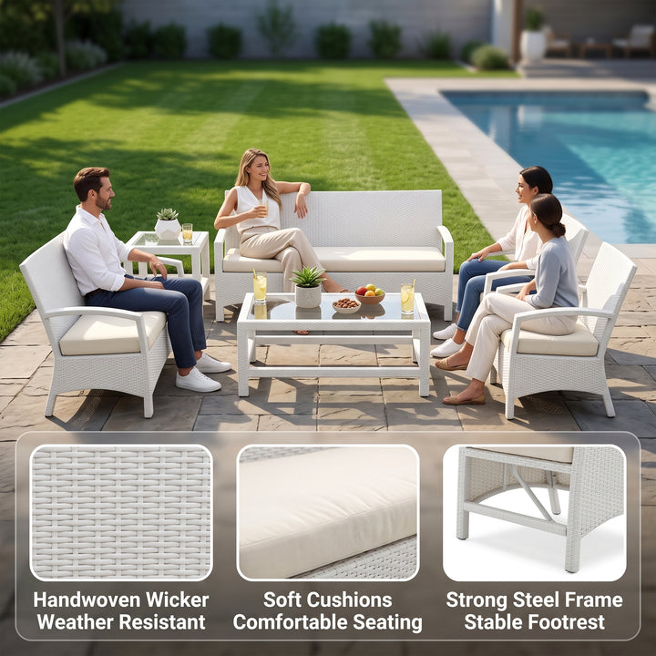 Hudson Outdoor Garden Balcony Sofa Set 3 Seater, 2 Seater With 2 Single Seater and 1 Center Table With 1 Side Table Set (White)