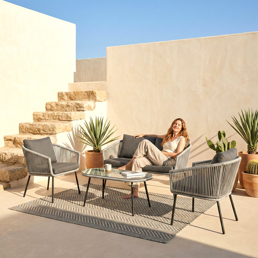Jara Outdoor Garden Balcony Sofa Set 2 Seater , 2 Single Seater 1 Center Table Set (Grey) Braided and Rope