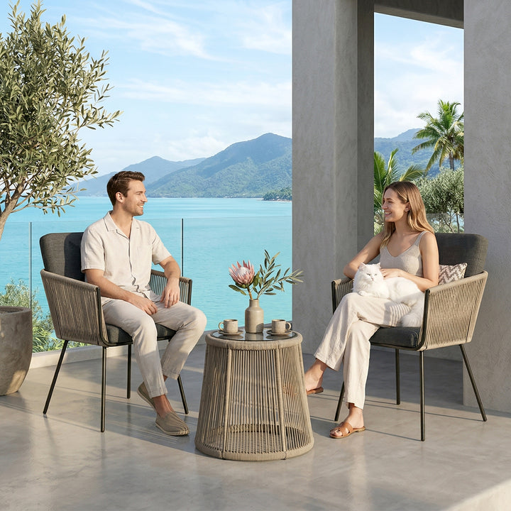 Odila Outdoor Patio Seating Set 2 Chairs and 1 Table Set (GREY+BROWN) Braided & Rope