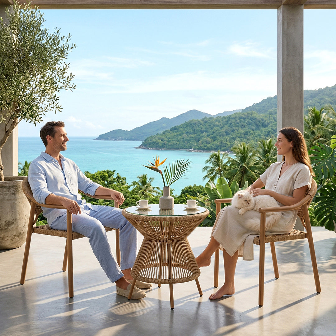 Ikra Outdoor Patio Seating Set 2 Chairs and 1 Table Set (Beige) Braided & Rope