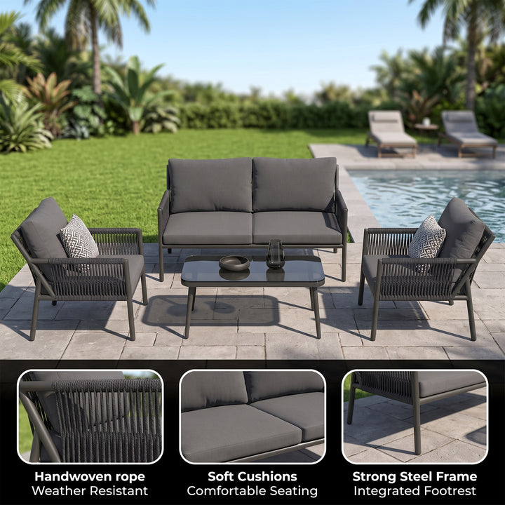 Deny Outdoor Sofa Set 2 Seater , 2 Single seater and 1 Center Table Set (Grey) Braided & Rope