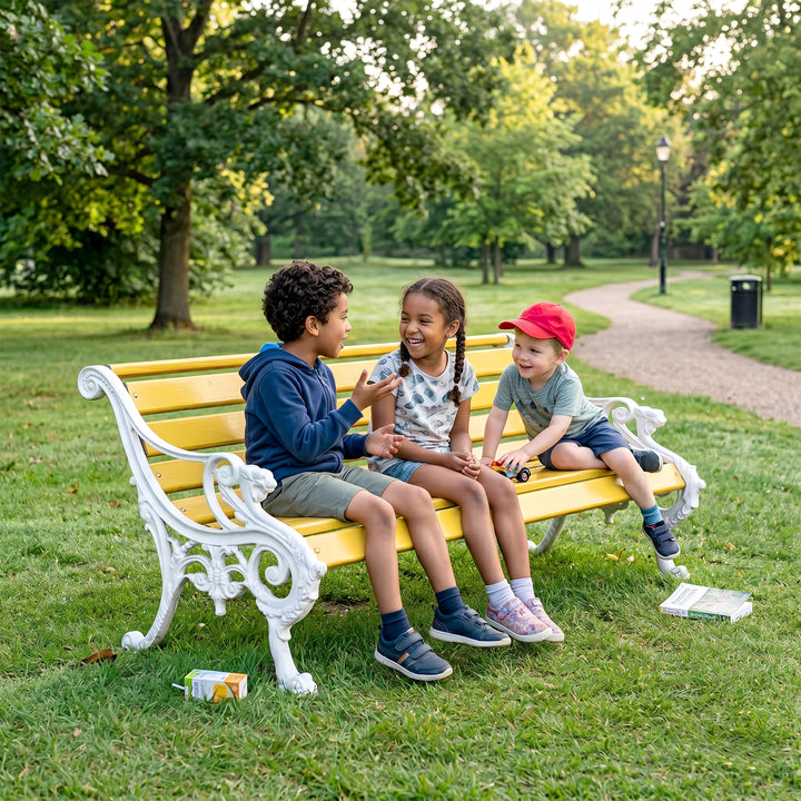 Pryce Cast Iron 3 Seater FRP Garden Bench for Outdoor Park - (White + Yellow)