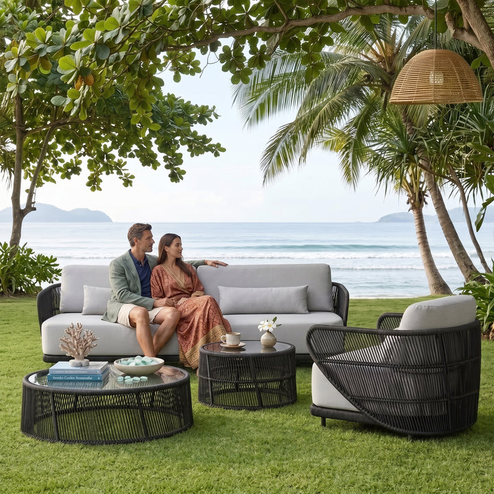 Zym Folk Outdoor Garden Balcony Sofa Set 3 Seater , 1 Single Seater 1 Center Table 1 Side Table Set (Grey) Braided and Rope