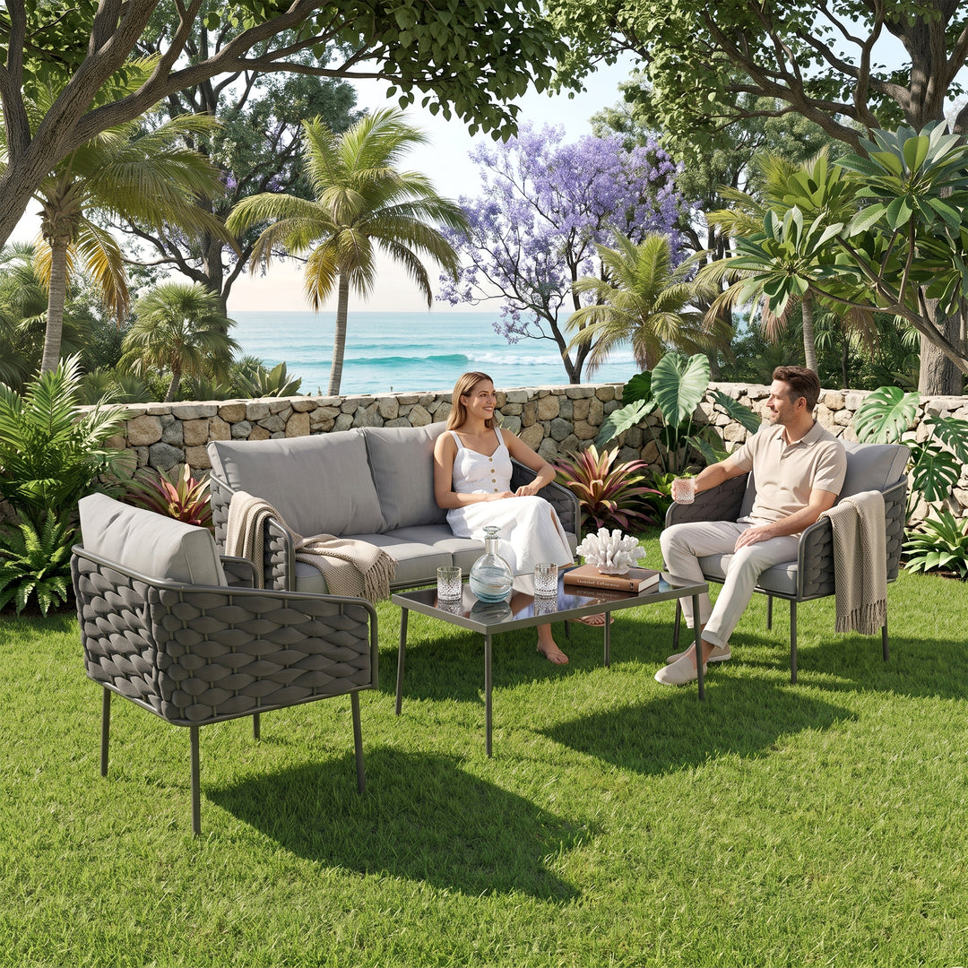 Mirra Outdoor Garden Balcony Sofa Set 2 Seater , 2 Single Seater 1 Center Table Set (Grey) Braided and Rope