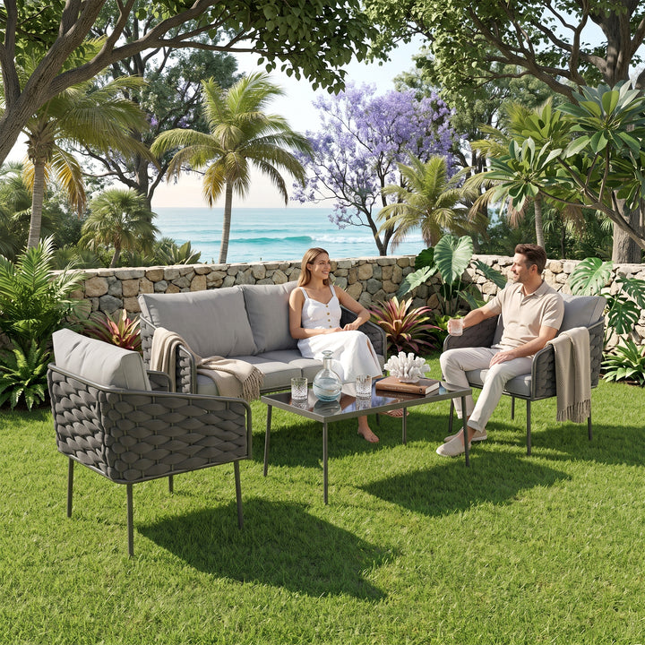 Mirra Outdoor Garden Balcony Sofa Set 2 Seater , 2 Single Seater 1 Center Table Set (Grey) Braided and Rope