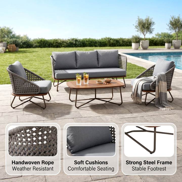 Marcela Outdoor Sofa Set 3 Seater, 2 Single seater and 1 Center Table Set (Grey) Braided & Rope