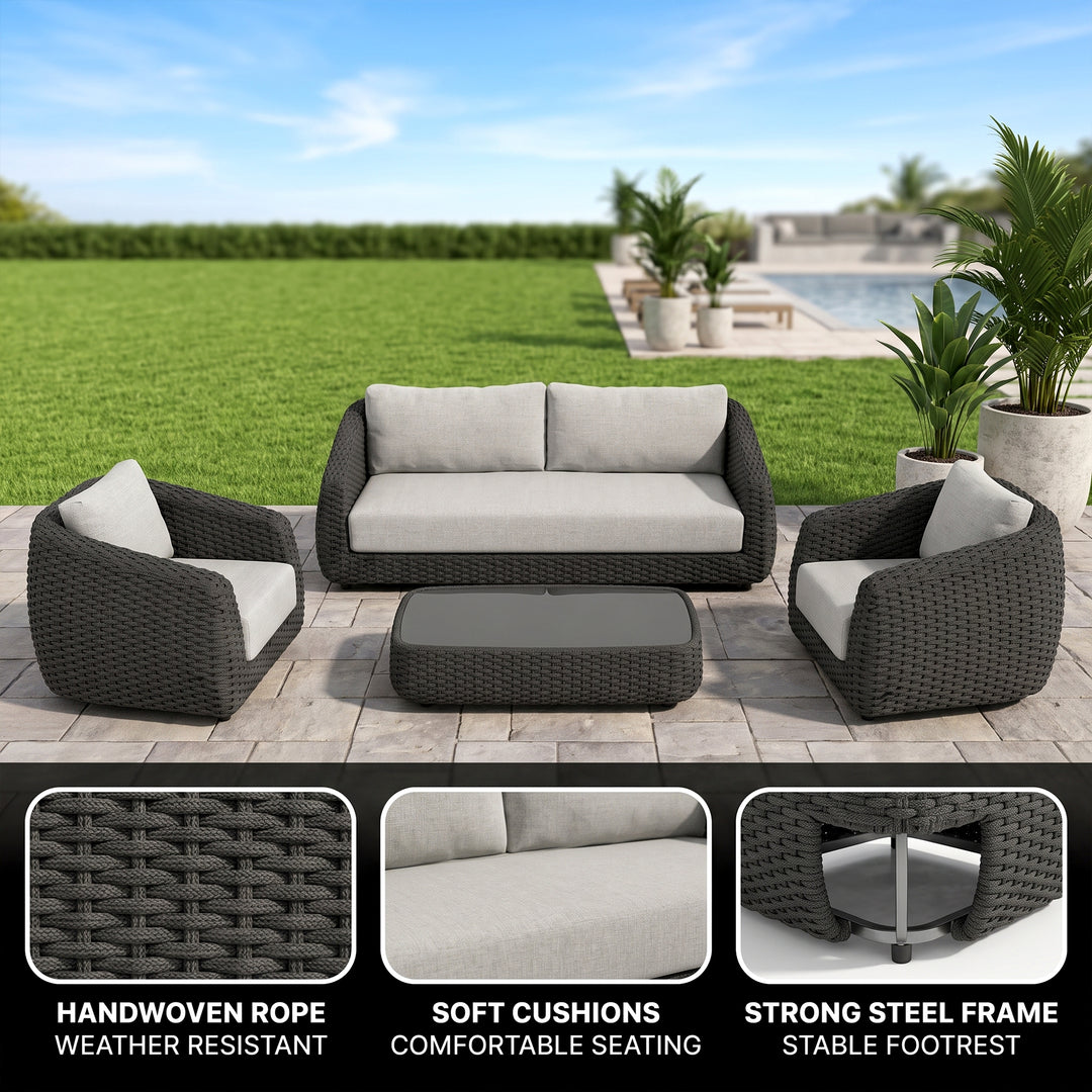 Deskoy Outdoor Garden Balcony Sofa Set 2 Seater, 2 Single seater and 1 Center Table Set, Braid & Rope (Black)