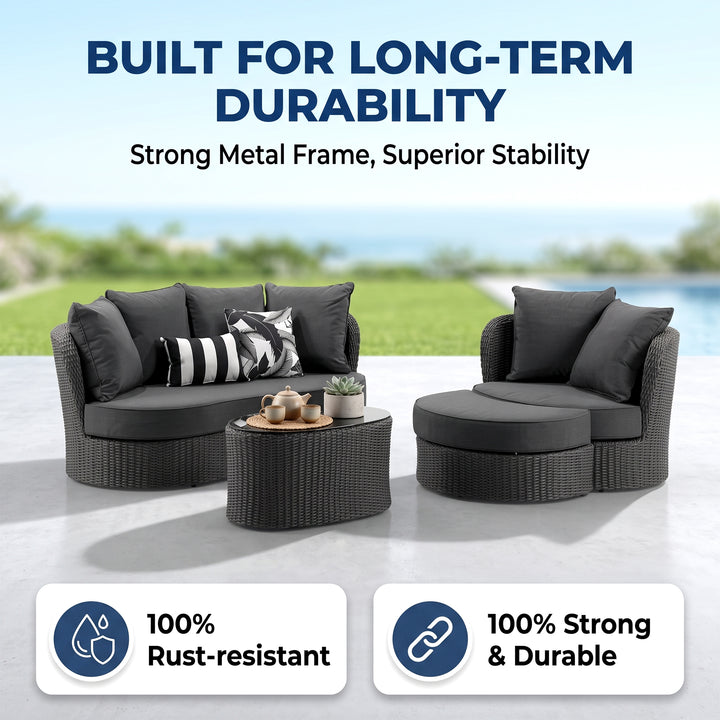 Comox Outdoor Garden Balcony Sofa Set 2 Seater, Single seater and 1 Center Table with Ottoman Set (Black)
