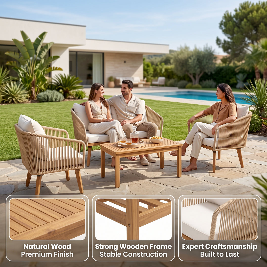 Eolia Outdoor Garden Balcony Sofa Set 2 Seater , 2 Single Seater 1 Center Table Set (Cream) Teak Wood and Braided & Rope