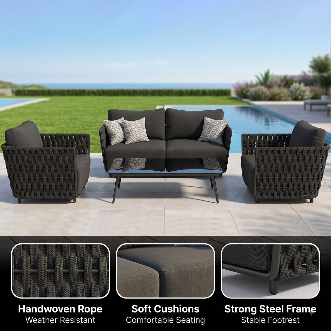 Deifilia Outdoor Sofa Set 2 Seater, 2 Single seater and 1 Center Table (Dark Grey) Braided & Rope