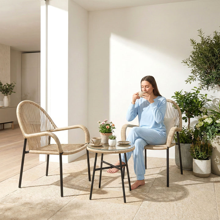 Kivas Outdoor Patio Seating Set 2 Chairs and 1 Table Set (Beige) Braided & Rope