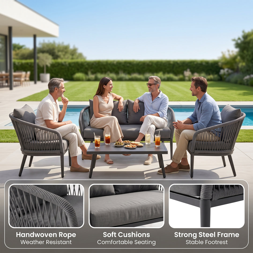 Gino Outdoor Sofa Set 2 Seater, 2 Single seater and 1 Center Table (Dark Grey) Braided & Rope