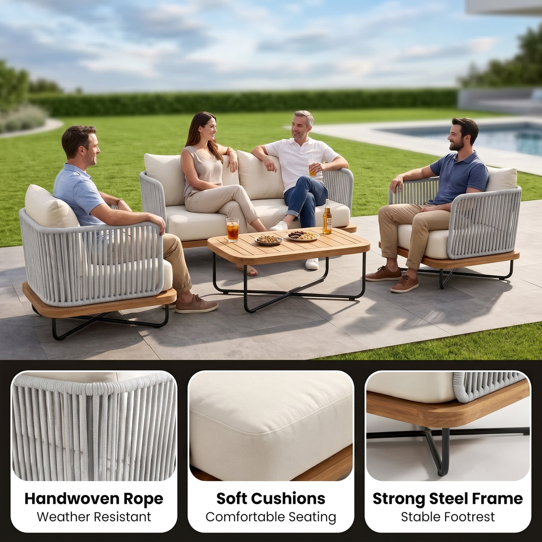 Logema Outdoor Garden Balcony Sofa Set 2 Seater,4 Single Seater With 1 Table Set, Braid & Rope (Grey)