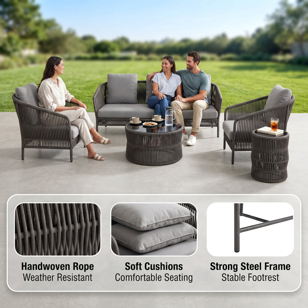 Madaki Outdoor Garden Balcony Sofa Set 3 Seater , 2 Single Seater and 1 Center Table & 1 Side Table Set, Braid & Rope (Grey)