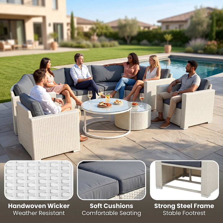 Leone  Outdoor Sofa Set 7 Seater and  2 Tables (White + Grey)