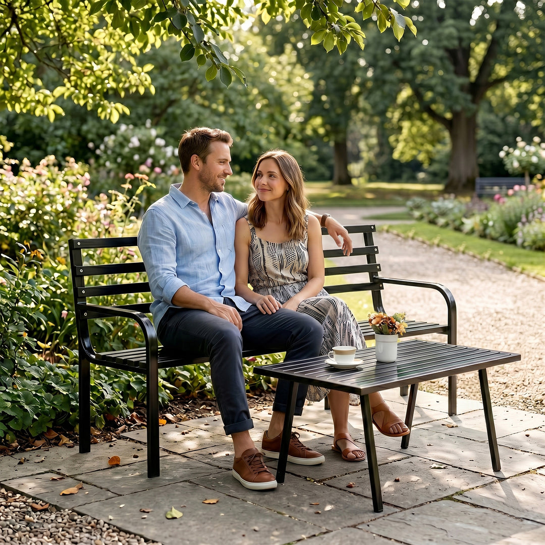 Boyle Metal 3 Seater and 1 Table Garden Bench for Outdoor Park - (Black)