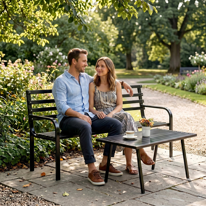 Boyle Metal 3 Seater and 1 Table Garden Bench for Outdoor Park - (Black)