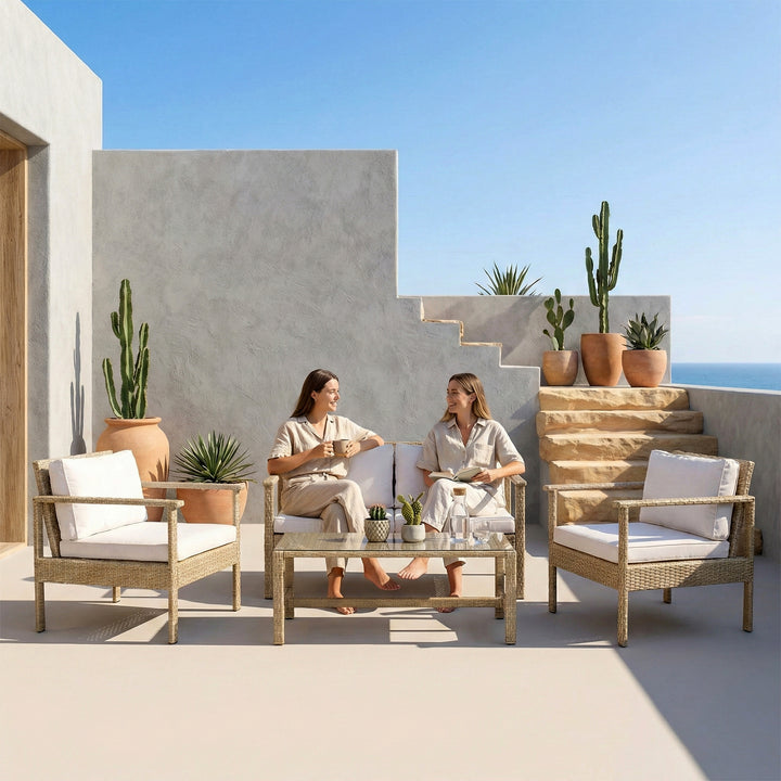 Mesa Outdoor Garden Balcony Sofa Set 2 Seater , 2 Single Seater 1 Center Table Set (Cream)
