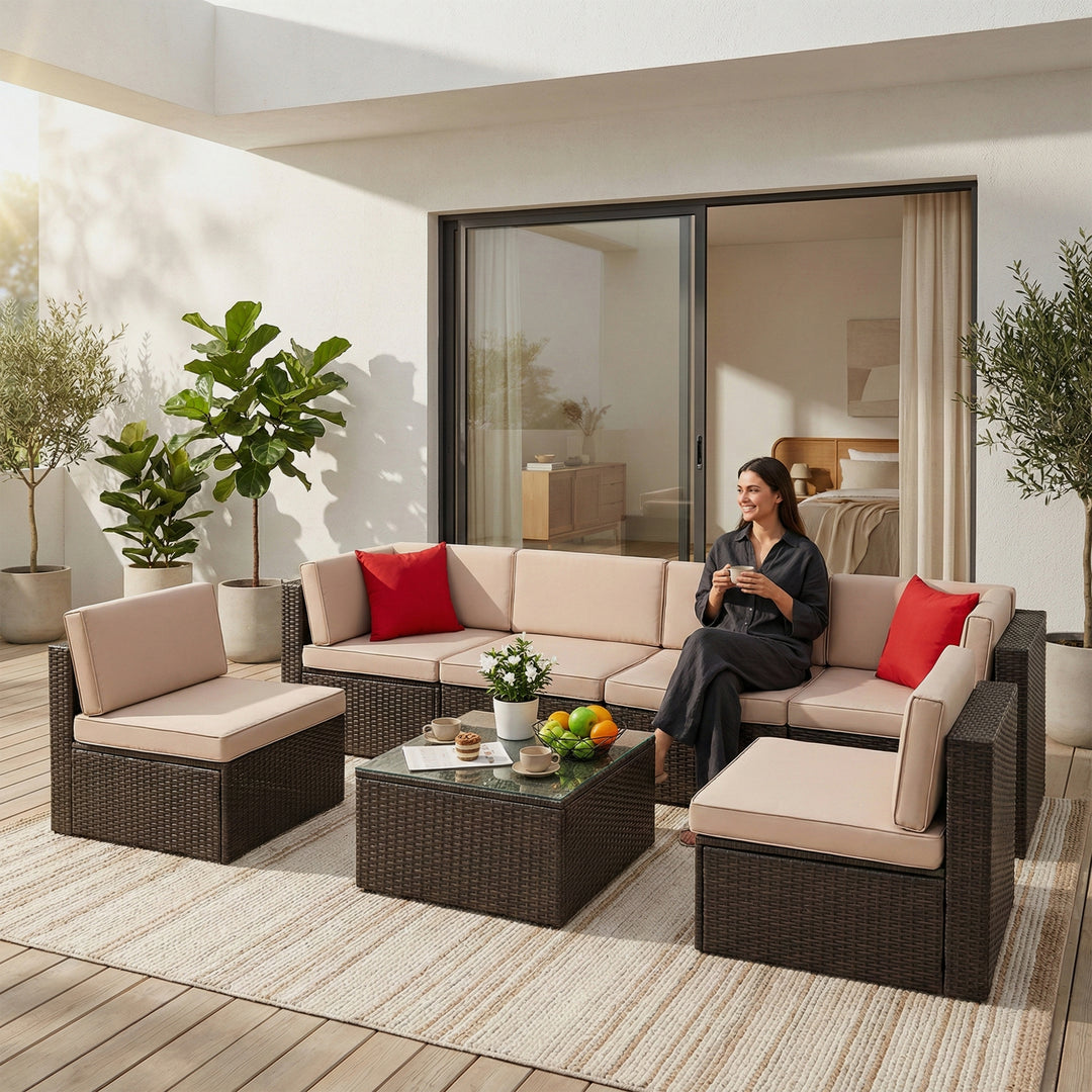 Carni Outdoor Patio Sofa Set 6 seater and 1 Center Table (Brown)