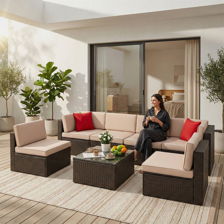 Carni Outdoor Patio Sofa Set 6 seater and 1 Center Table (Brown)