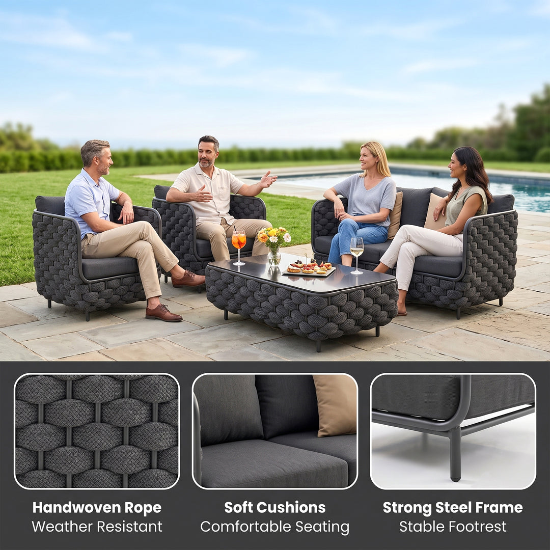 Fepel Outdoor Garden Balcony Sofa Set 2 Seater, 2 Single seater and 1 Center Table Set, Braid & Rope