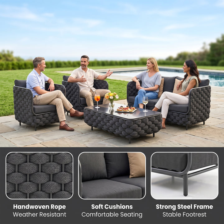 Fepel Outdoor Garden Balcony Sofa Set 2 Seater, 2 Single seater and 1 Center Table Set, Braid & Rope