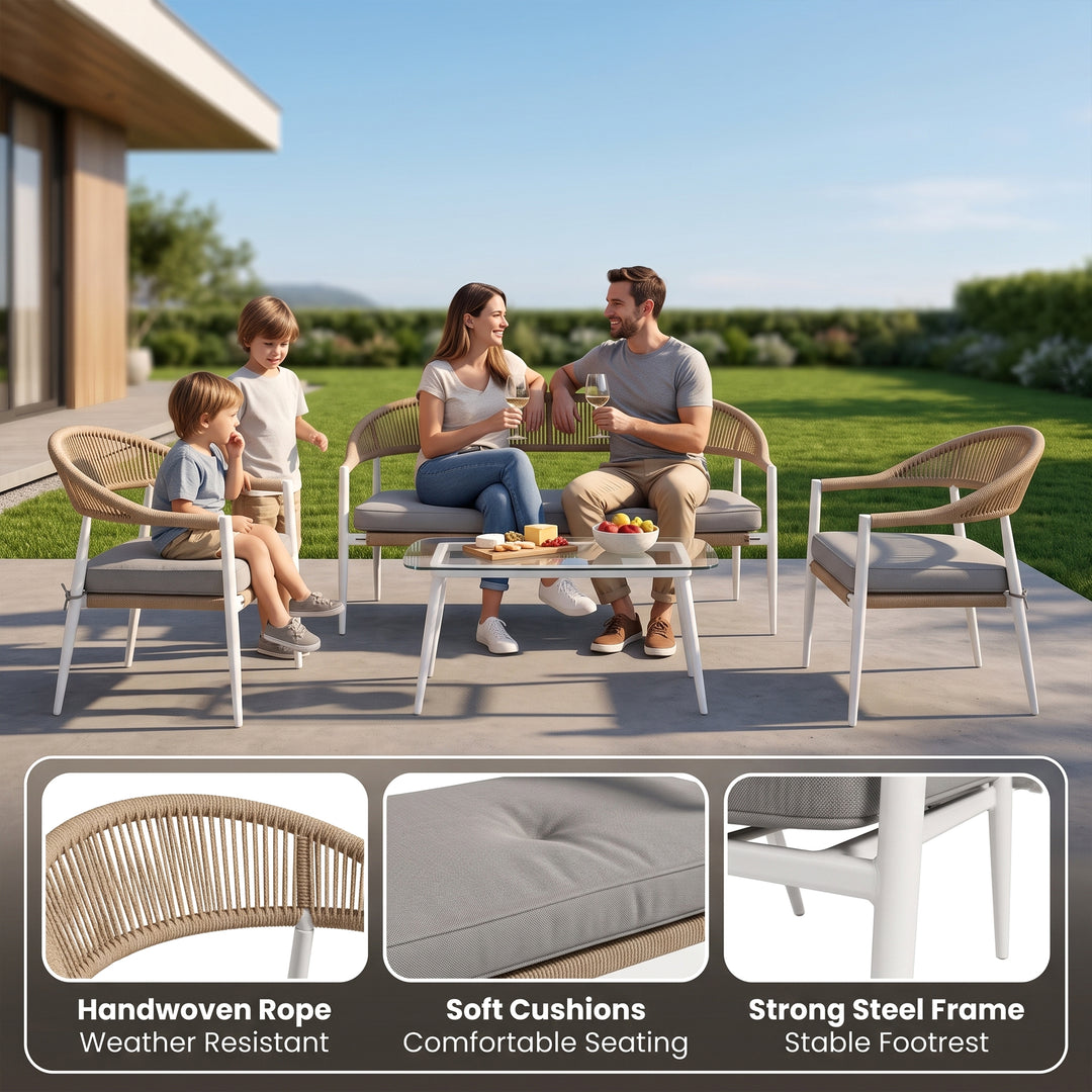 Marianela Outdoor Sofa Set 2 Seater, 2 Single seater and 1 Center Table Set (White) Braided & Rope