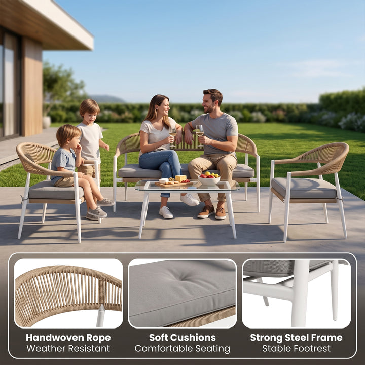 Marianela Outdoor Sofa Set 2 Seater, 2 Single seater and 1 Center Table Set (White) Braided & Rope
