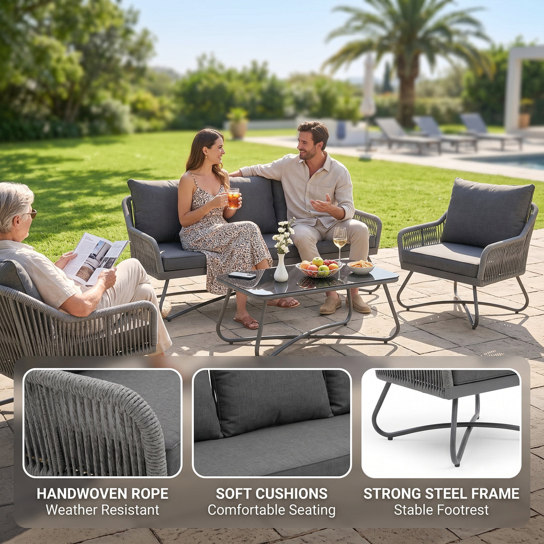 Kismet Outdoor Sofa Set 3 Seater, 2 Single seater and 1 Center Table (Grey) Braided & Rope