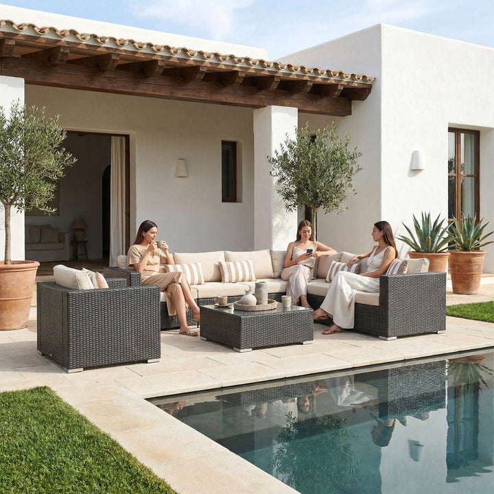 Torino Outdoor Garden Balcony Sofa Set 3 Seater, 2 Seater With 2 Single Seater and 1 Center Table With 1 Side Table Set (Brown)