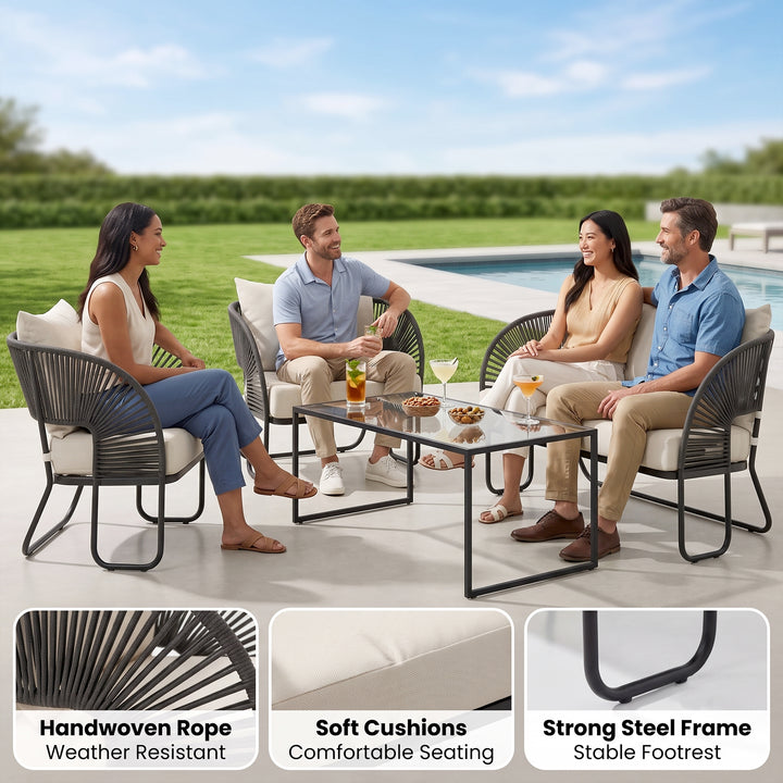 Lucas Outdoor Sofa Set 2 Seater , 2 Single seater and 1 Center Table Set (Black) Braided & Rope