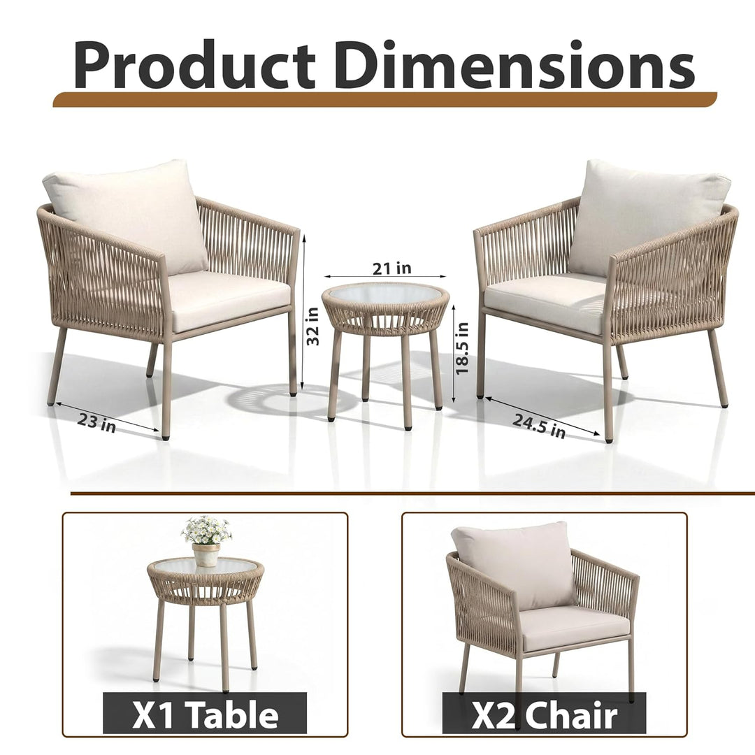 Kalpa Outdoor Patio Seating Set 2 Chairs and 1 Table Set (Beige) Braided & Rope