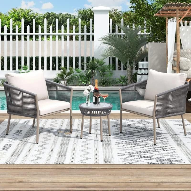 Kalpa Outdoor Patio Seating Set 2 Chairs and 1 Table Set (Beige) Braided & Rope