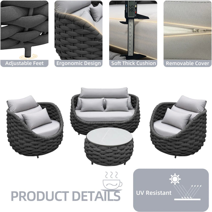 Eiva Outdoor Sofa Set 2 Seater, 2 Single seater and 1 Center Table (Light Grey) Braided & Rope