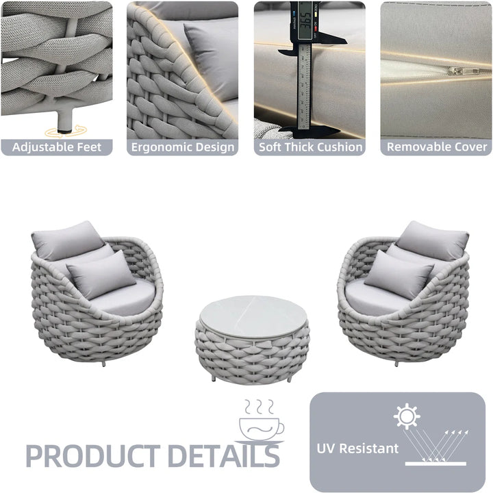 Fiae Outdoor Patio Seating Set 2 Chairs and 1 Table Set (Light Grey) Braided & Rope