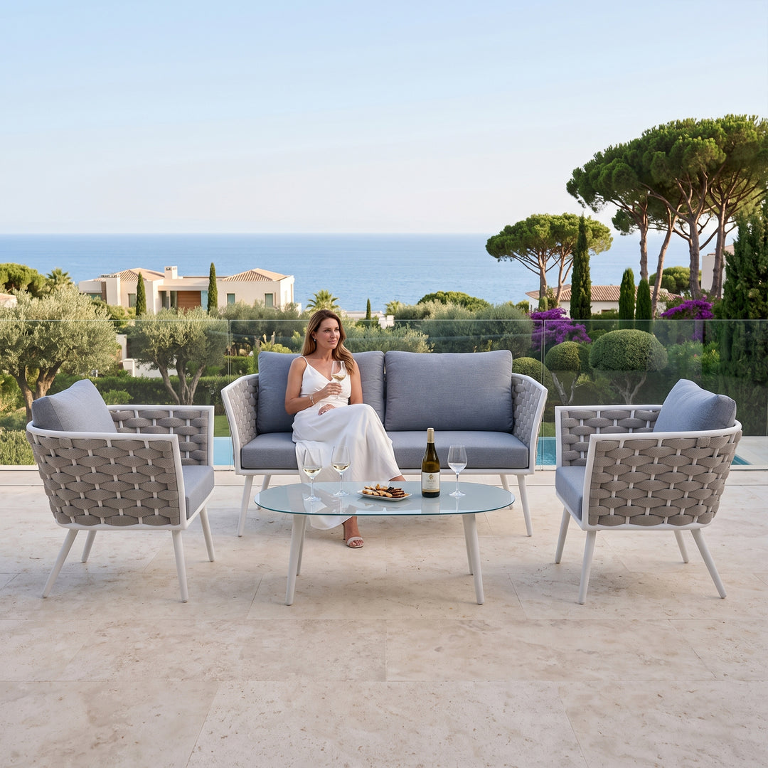 Pozen Outdoor Garden Balcony Sofa Set  2 Seater, 2 Single seater and 1 Center Table Set, Braid & Rope (White)
