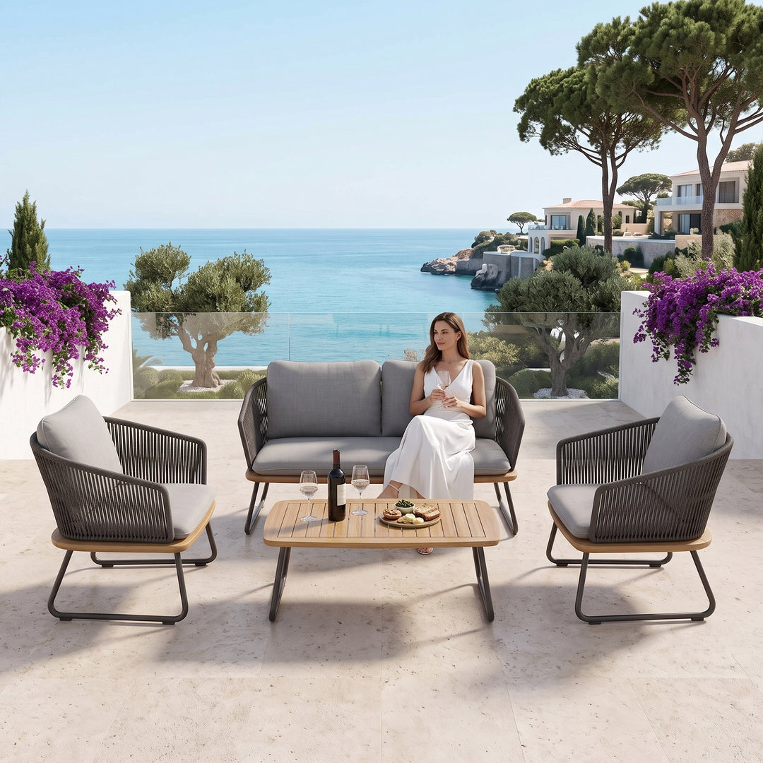 Reevo Outdoor Garden Balcony Sofa Set 2 Seater , 2 Single Seater 1 Center Table Set (Dark Grey) Braided and Rope