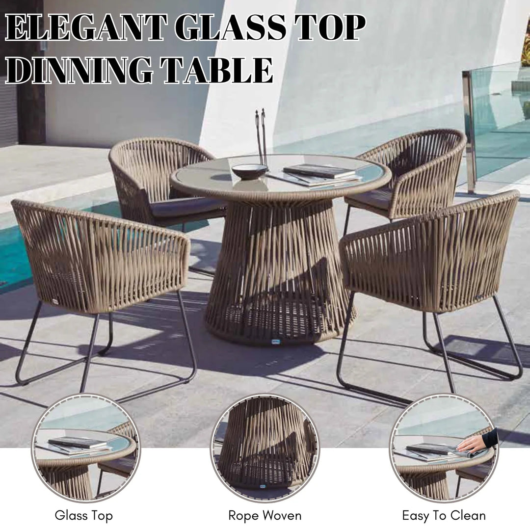 Vita Outdoor Garden Patio Dining Set 4 Chairs and 1 Table Set (Grey) Braided & Rope