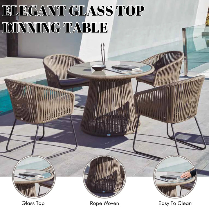 Vita Outdoor Garden Patio Dining Set 4 Chairs and 1 Table Set (Grey) Braided & Rope