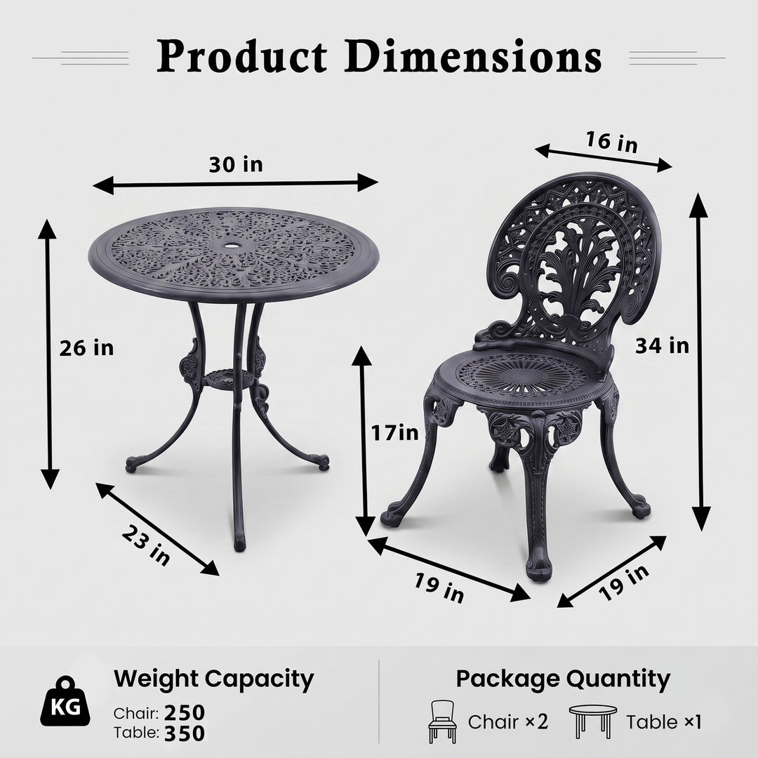 Ziska Cast Aluminium Garden Patio Seating 2 Chair and 1 Table Set (Black)