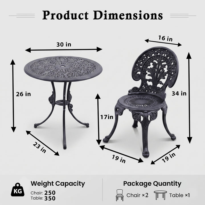 Ziska Cast Aluminium Garden Patio Seating 2 Chair and 1 Table Set (Black)